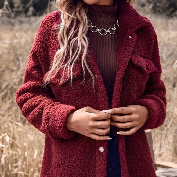 Burgundy Flap Pocket Drop Shoulder Casual Faux fur Teddy Coat - Picture 3 of 6